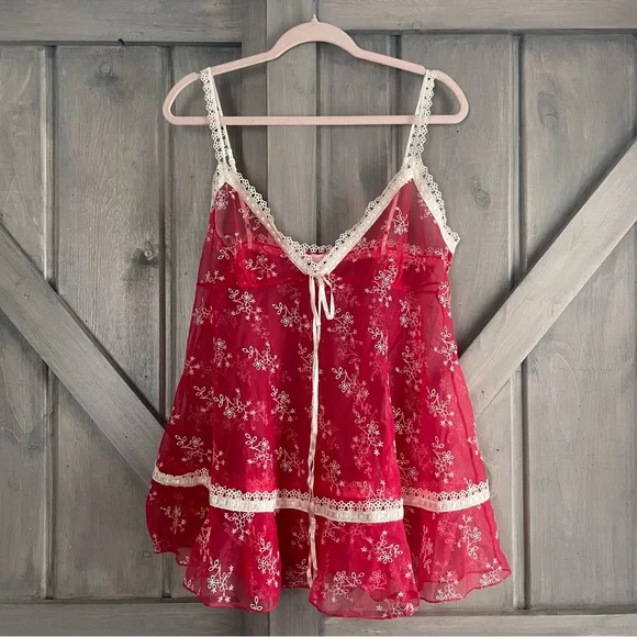 Victoria’s Secret Y2K Red‎ Sheer Embroidered Babydoll Tunic Cami L Valentines - Picture 2 of 10